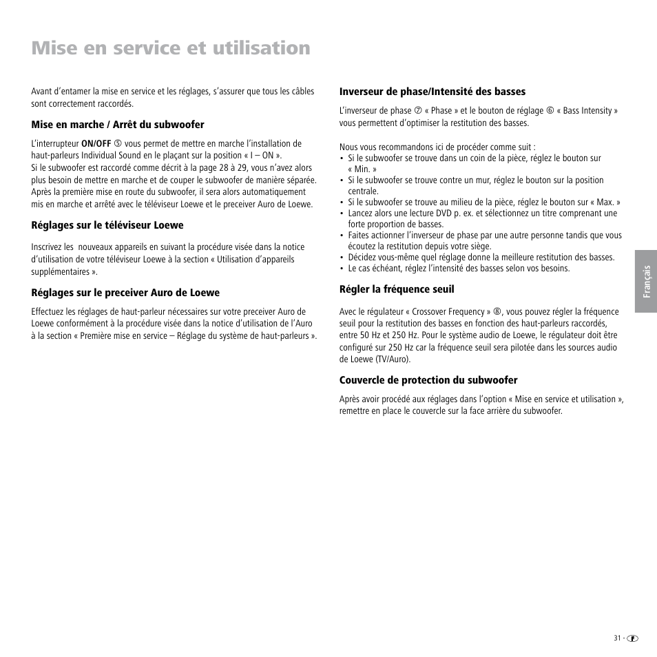 Mise en service et utilisation, Mise en marche / arrêt du subwoofer, Réglages sur le téléviseur loewe | Réglages sur le preceiver auro de loewe, Inverseur de phase/intensité des basses, Régler la fréquence seuil, Couvercle de protection du subwoofer | Loewe Individual Sound Speaker System User Manual | Page 31 / 64