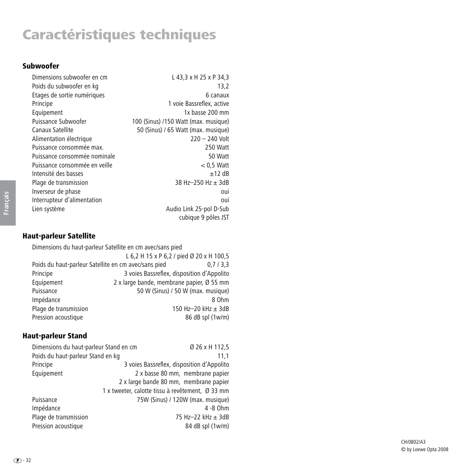 Caractéristiques techniques | Loewe Individual Sound Speaker System User Manual | Page 32 / 64