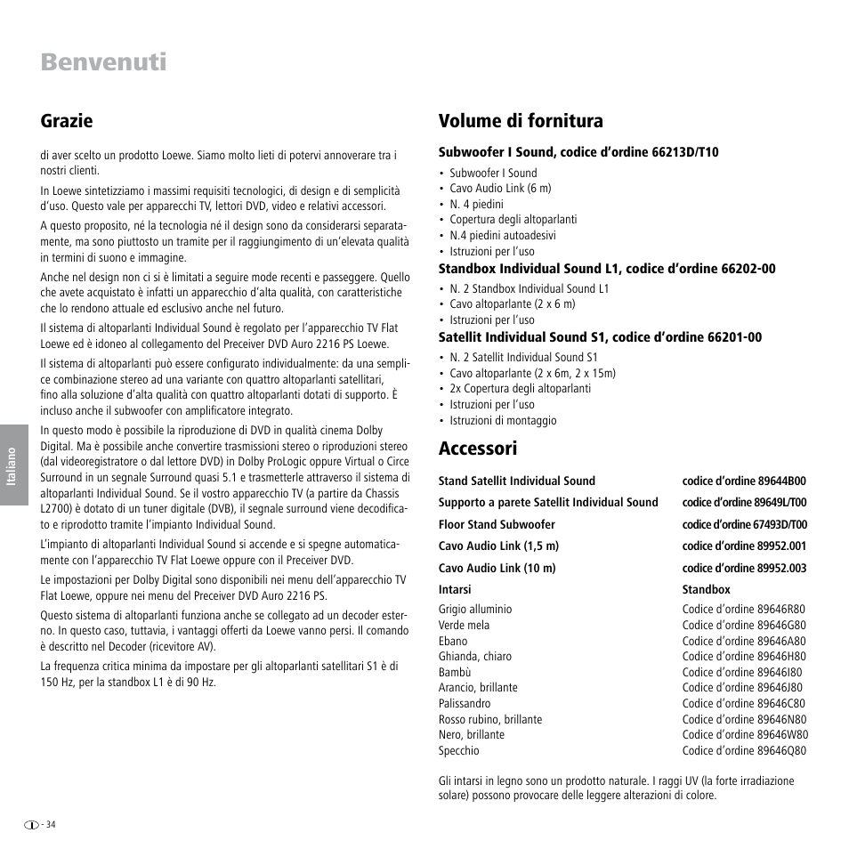 Benvenuti, Volume di fornitura, Accessori | Grazie | Loewe Individual Sound Speaker System User Manual | Page 34 / 64