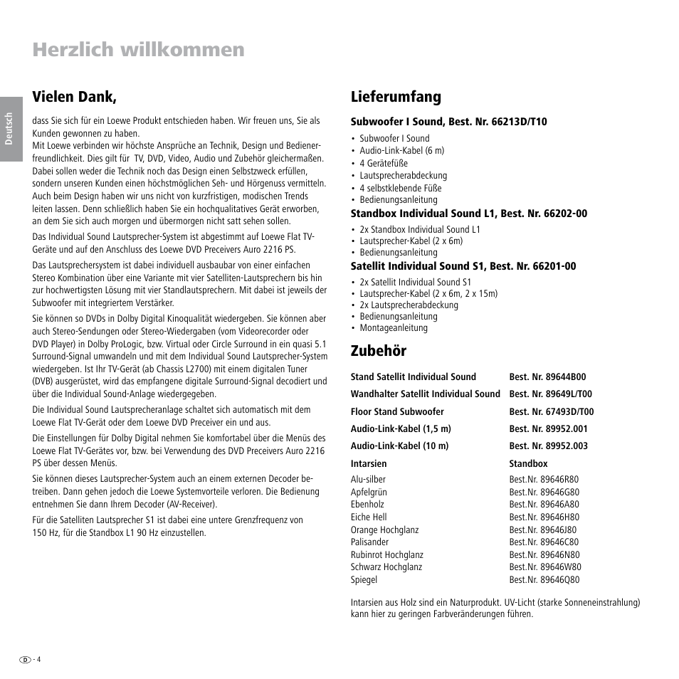 Herzlich willkommen, Lieferumfang, Zubehör | Vielen dank | Loewe Individual Sound Speaker System User Manual | Page 4 / 64