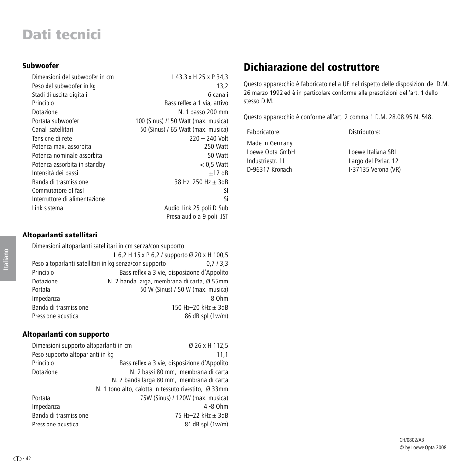 Dati tecnici, Dichiarazione del costruttore | Loewe Individual Sound Speaker System User Manual | Page 42 / 64