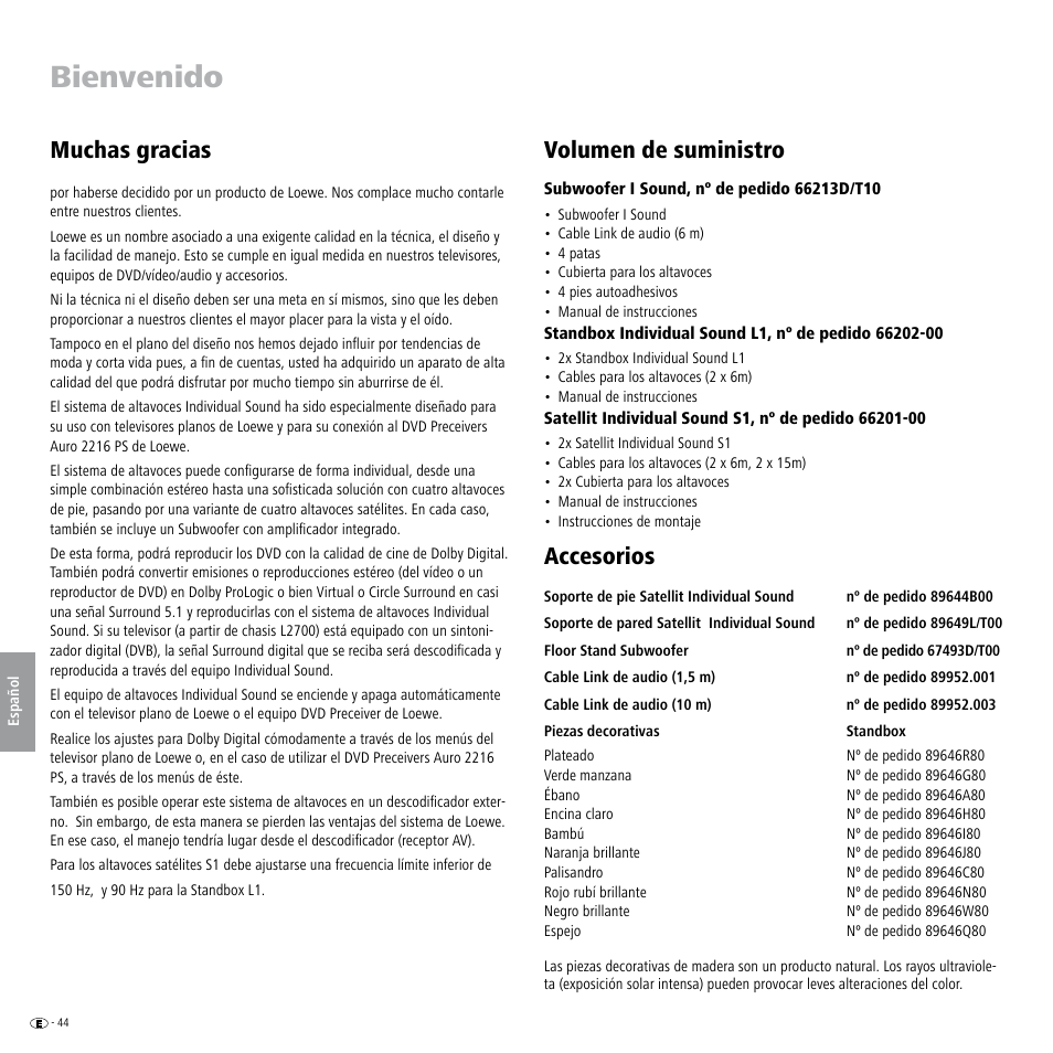 Bienvenido, Volumen de suministro, Accesorios | Muchas gracias | Loewe Individual Sound Speaker System User Manual | Page 44 / 64