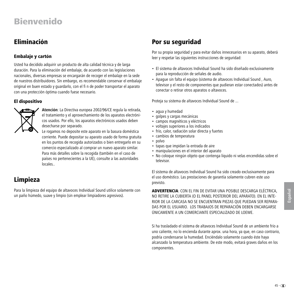 Eliminación, Embalaje y cartón, El dispositivo | Limpieza, Por su seguridad, Bienvenido | Loewe Individual Sound Speaker System User Manual | Page 45 / 64