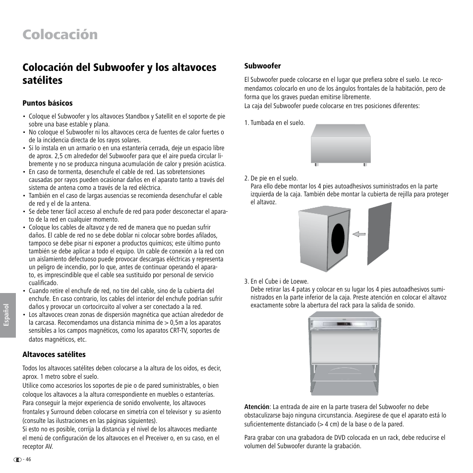 Colocación, Colocación del subwoofer y los altavoces satélites, Puntos básicos | Altavoces satélites, Subwoofer | Loewe Individual Sound Speaker System User Manual | Page 46 / 64