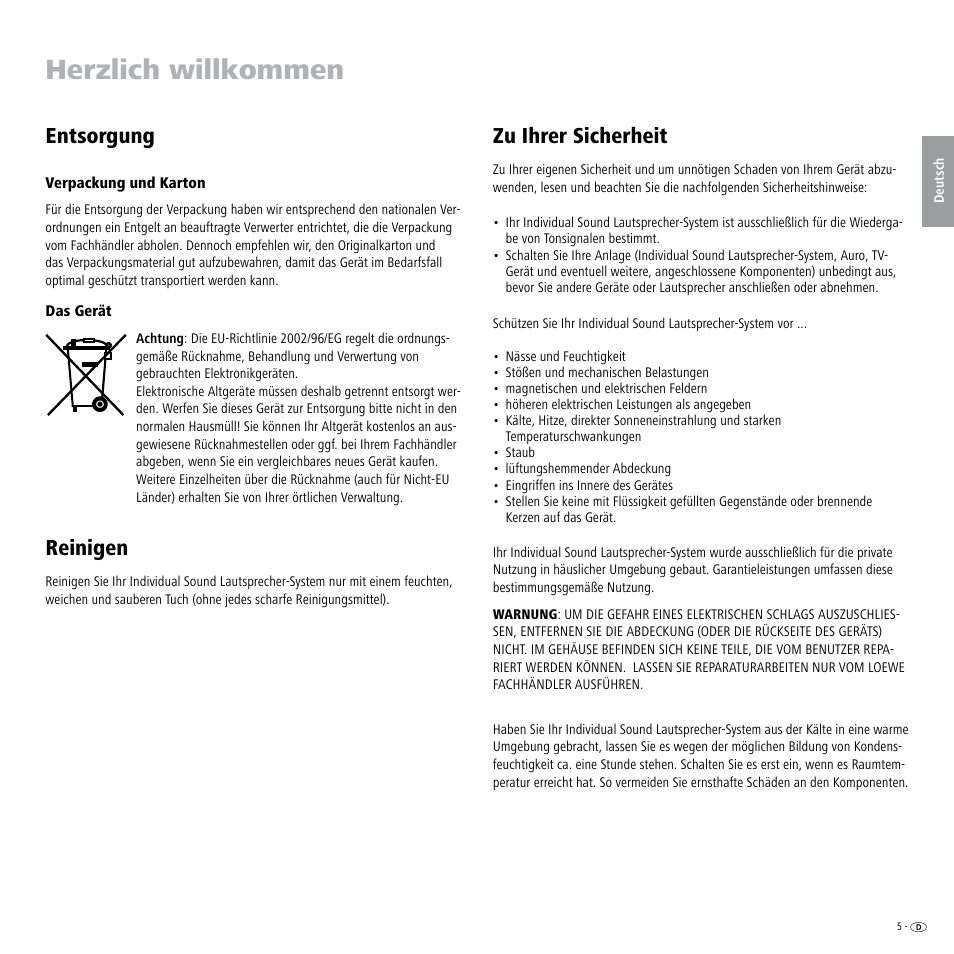 Entsorgung, Verpackung und karton, Das gerät | Reinigen, Zu ihrer sicherheit, Herzlich willkommen | Loewe Individual Sound Speaker System User Manual | Page 5 / 64
