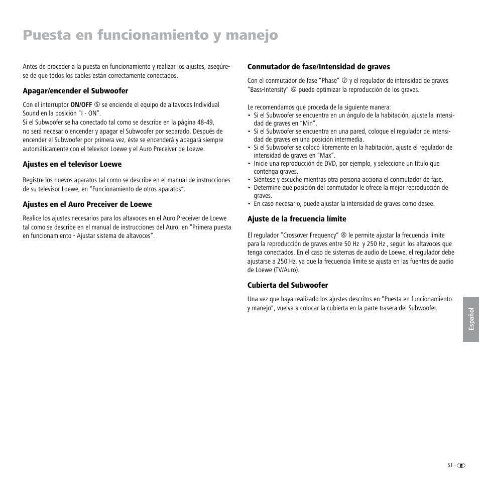Puesta en funcionamiento y manejo, Apagar/encender el subwoofer, Ajustes en el televisor loewe | Ajustes en el auro preceiver de loewe, Conmutador de fase/intensidad de graves, Ajuste de la frecuencia límite, Cubierta del subwoofer | Loewe Individual Sound Speaker System User Manual | Page 51 / 64