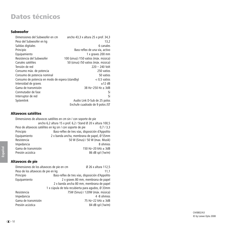 Datos técnicos | Loewe Individual Sound Speaker System User Manual | Page 52 / 64