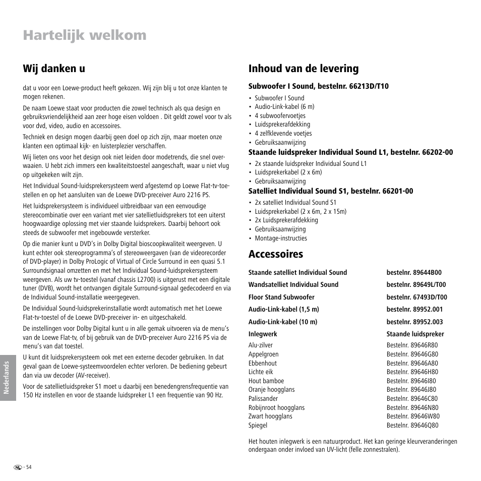 Hartelijk welkom, Inhoud van de levering, Accessoires | Wij danken u | Loewe Individual Sound Speaker System User Manual | Page 54 / 64