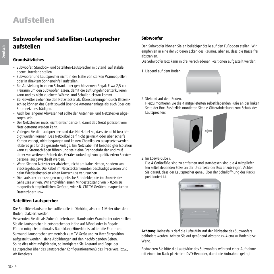 Aufstellen, Subwoofer und satelliten-lautsprecher aufstellen, Grundsätzliches | Satelliten lautsprecher, Subwoofer | Loewe Individual Sound Speaker System User Manual | Page 6 / 64