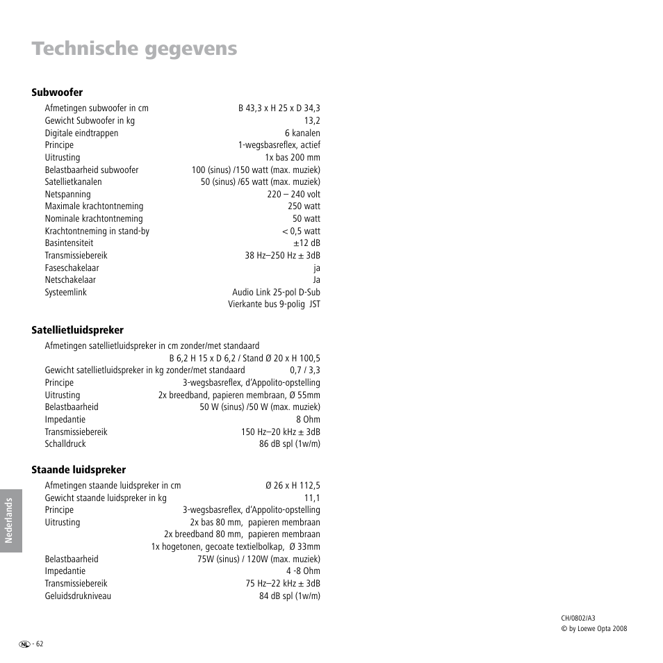 Technische gegevens | Loewe Individual Sound Speaker System User Manual | Page 62 / 64