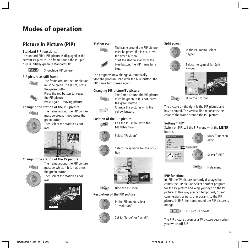 Modes of operation, Picture in picture (pip) | Loewe TV 32 HD/DR+ User Manual | Page 13 / 34