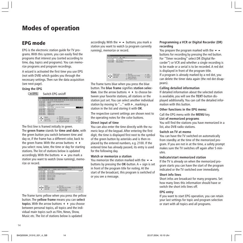 Modes of operation, Epg mode | Loewe TV 32 HD/DR+ User Manual | Page 14 / 34