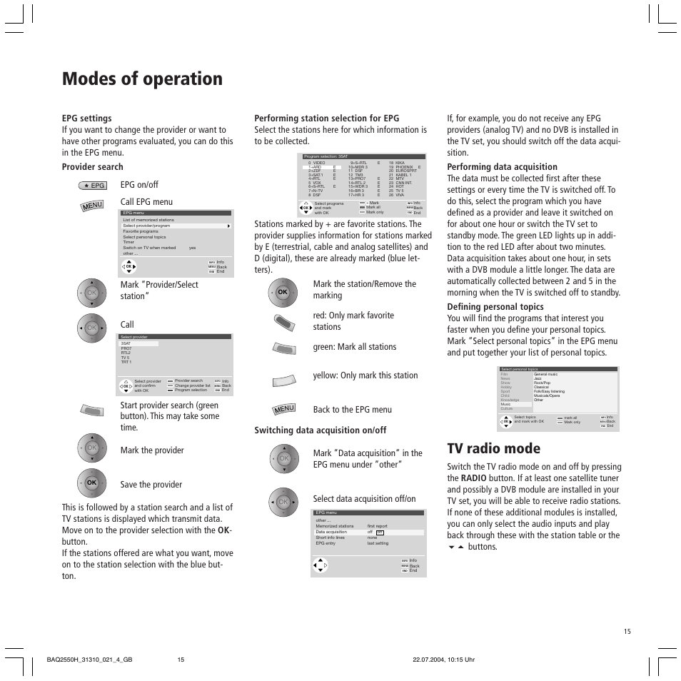 Modes of operation, Tv radio mode | Loewe TV 32 HD/DR+ User Manual | Page 15 / 34