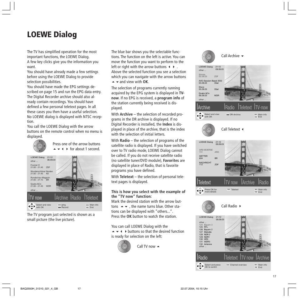 Loewe dialog, Tv now, Archive | Radio, Teletext, Tv-now | Loewe TV 32 HD/DR+ User Manual | Page 17 / 34
