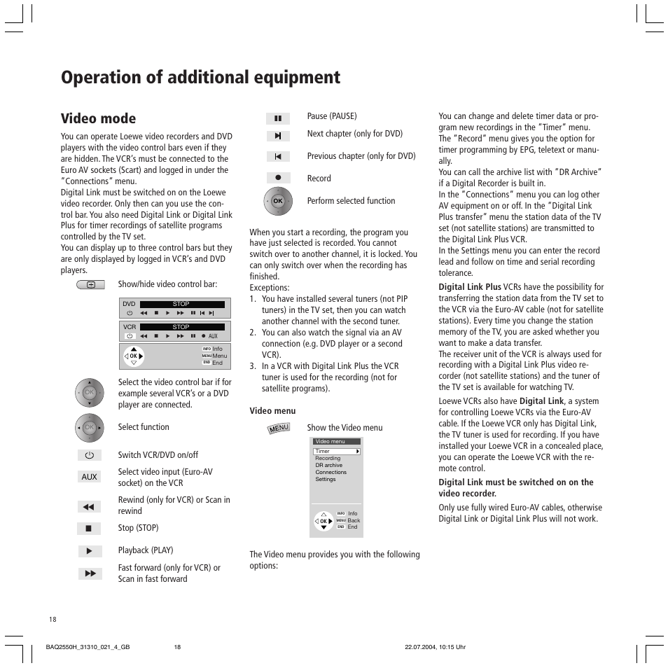 Operation of additional equipment, Video mode | Loewe TV 32 HD/DR+ User Manual | Page 18 / 34