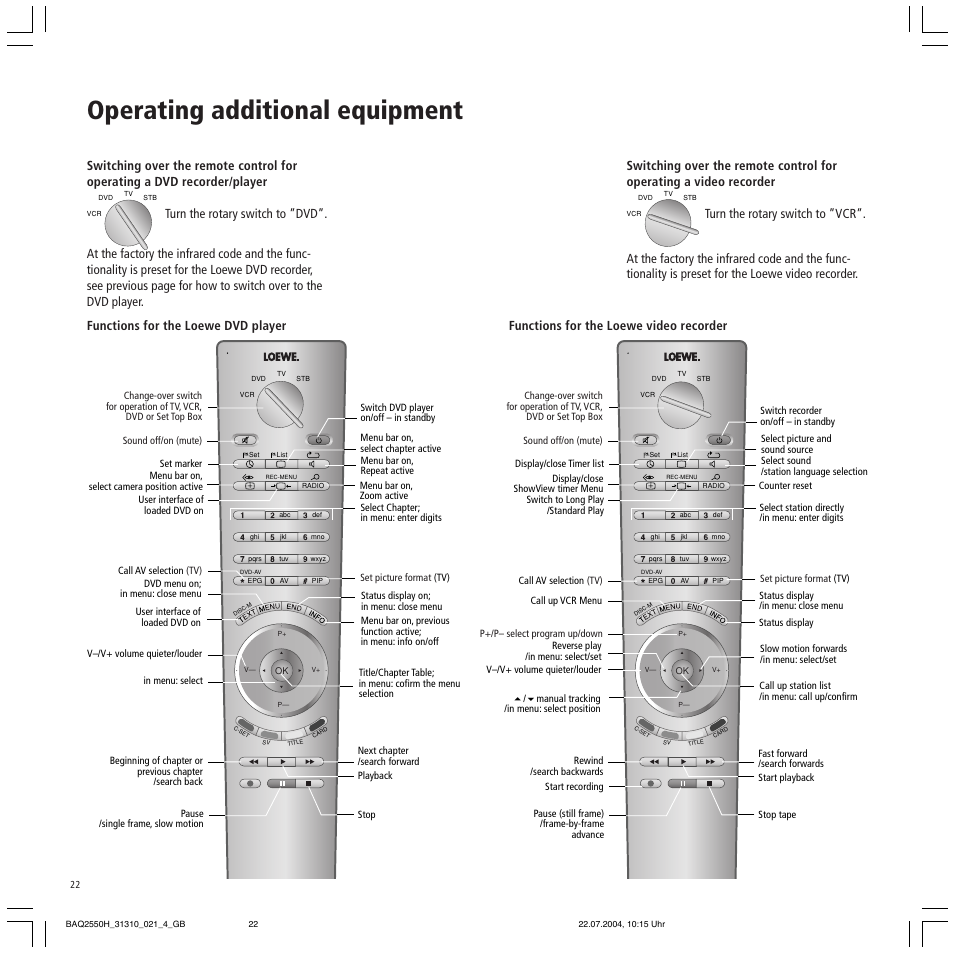 Operating additional equipment, Functions for the loewe video recorder | Loewe TV 32 HD/DR+ User Manual | Page 22 / 34