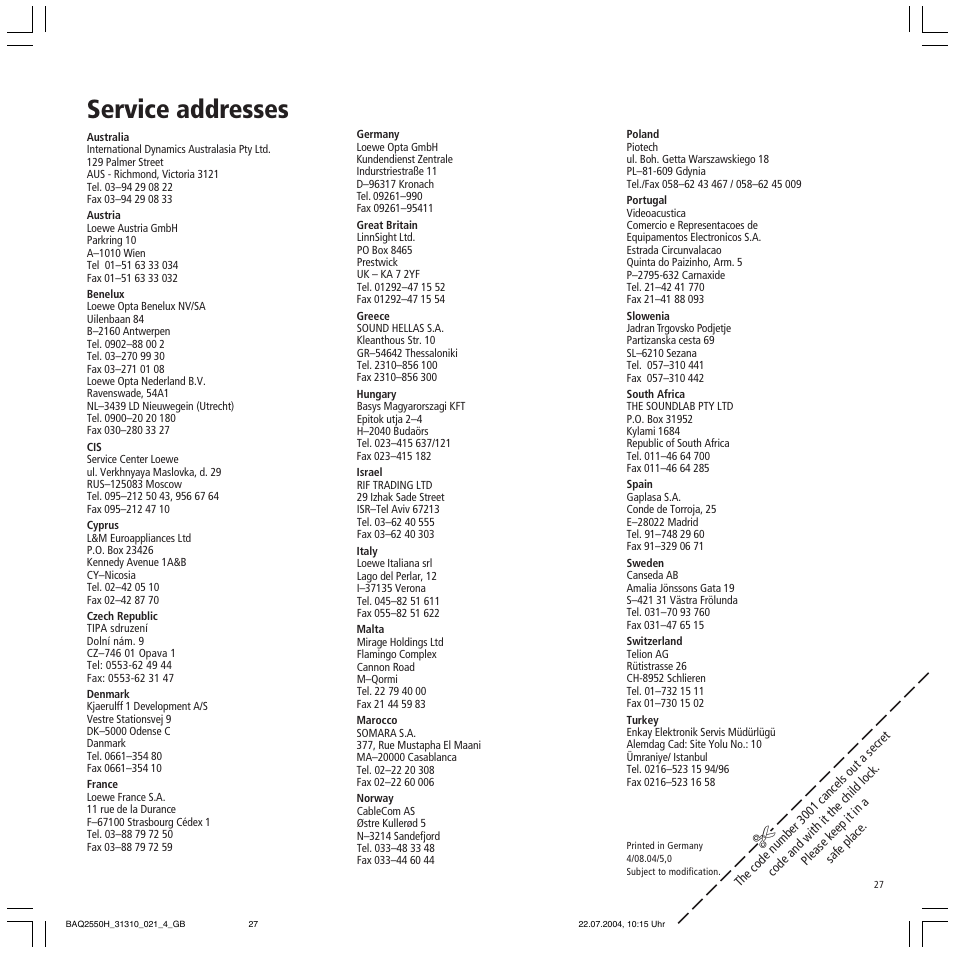 Service addresses | Loewe TV 32 HD/DR+ User Manual | Page 27 / 34