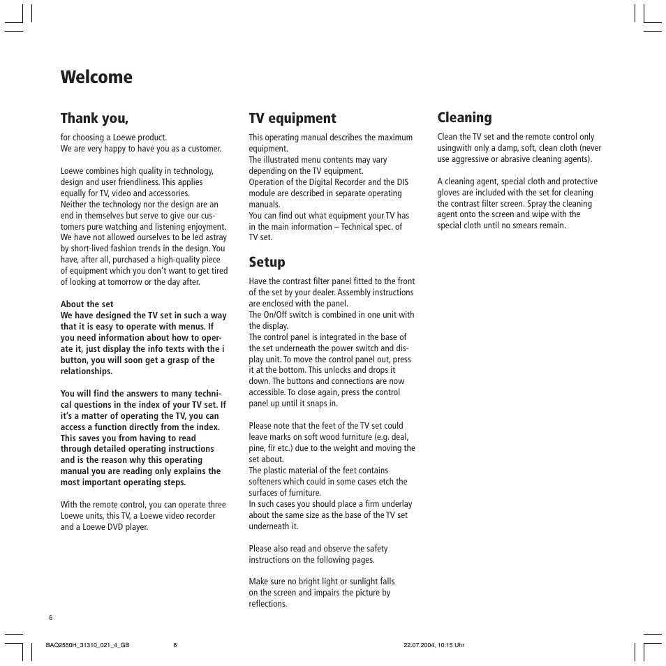 Welcome, Tv equipment, Setup | Cleaning, Disposal | Loewe TV 32 HD/DR+ User Manual | Page 6 / 34