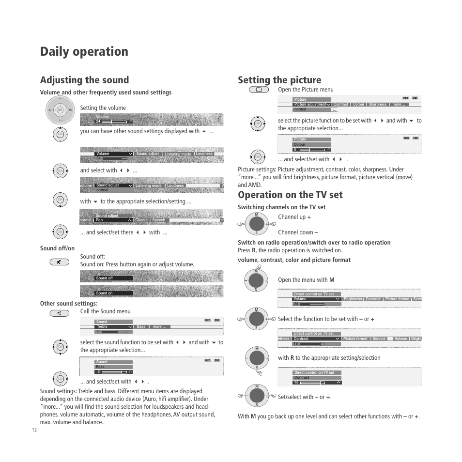 Daily operation, Adjusting the sound, Setting the picture | Operation on the tv set | Loewe A 26 User Manual | Page 12 / 34