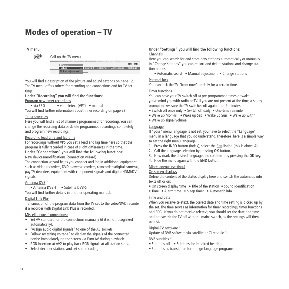 Modes of operation – tv | Loewe A 26 User Manual | Page 14 / 34