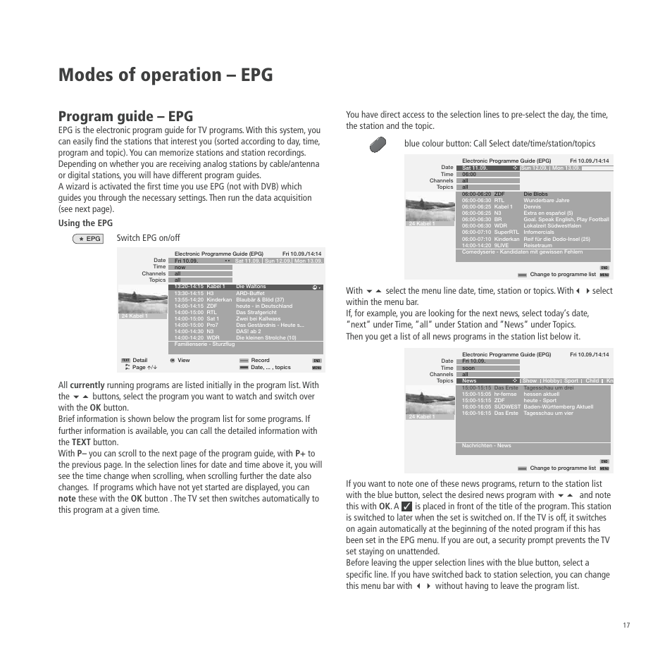 Modes of operation – epg, Program guide – epg | Loewe A 26 User Manual | Page 17 / 34
