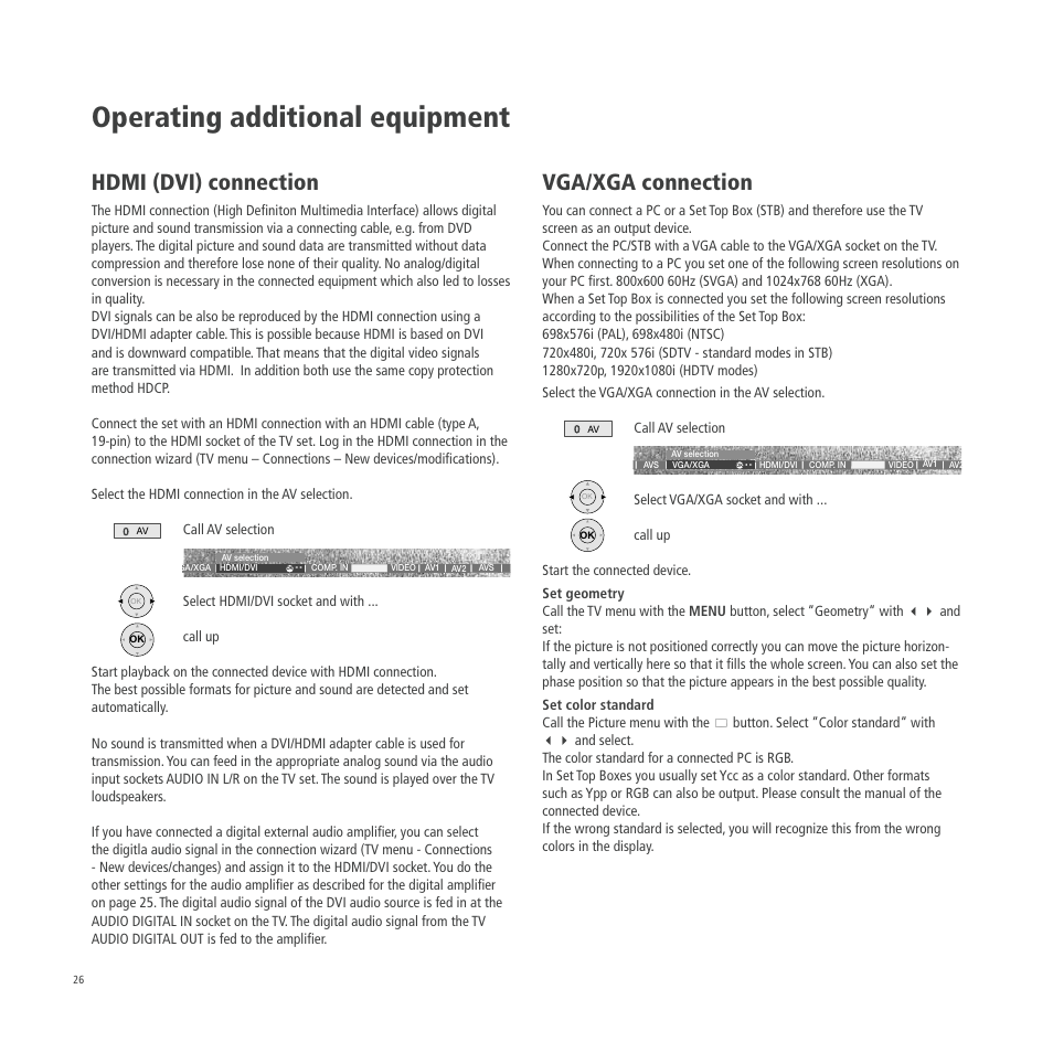 Operating additional equipment, Hdmi (dvi) connection, Vga/xga connection | Loewe A 26 User Manual | Page 26 / 34