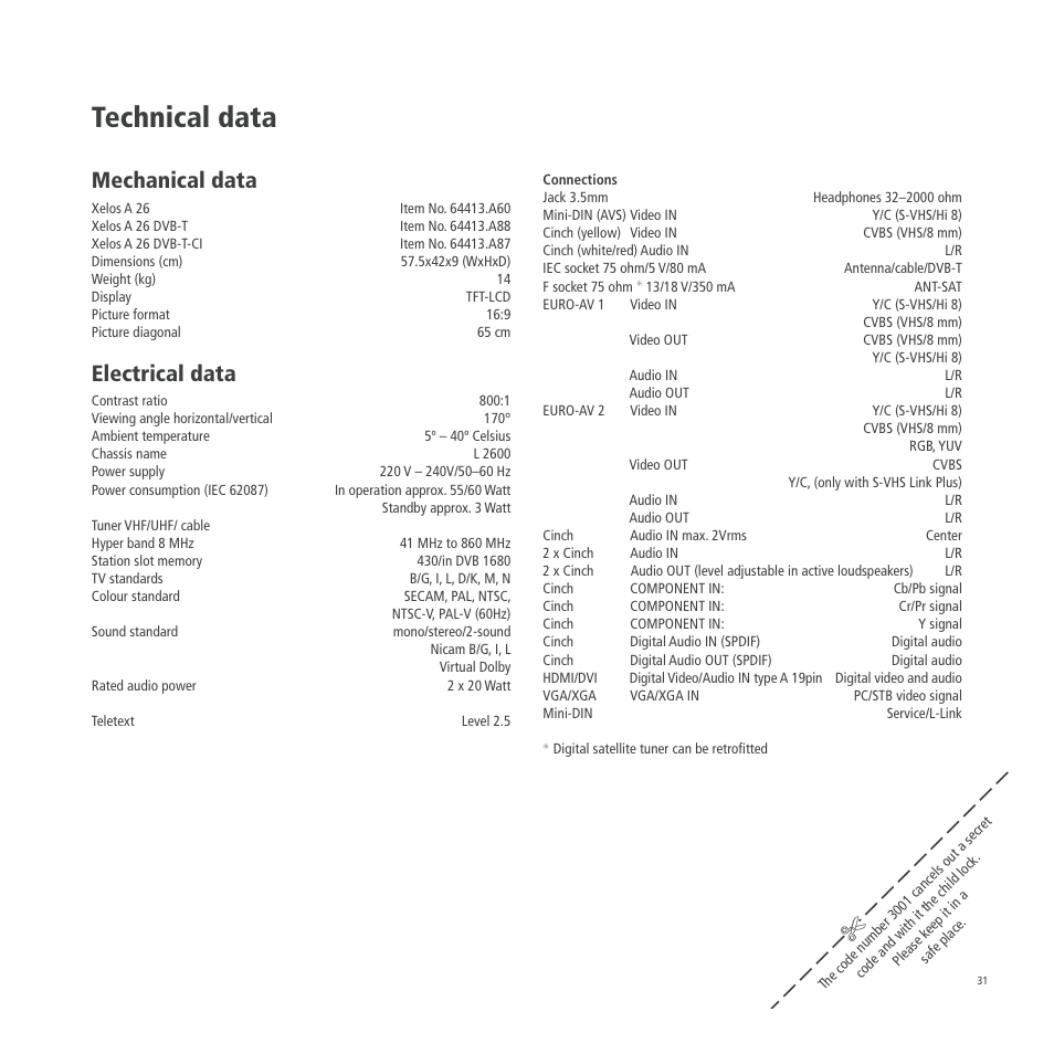 Technical data, Mechanical data, Electrical data | Loewe A 26 User Manual | Page 31 / 34