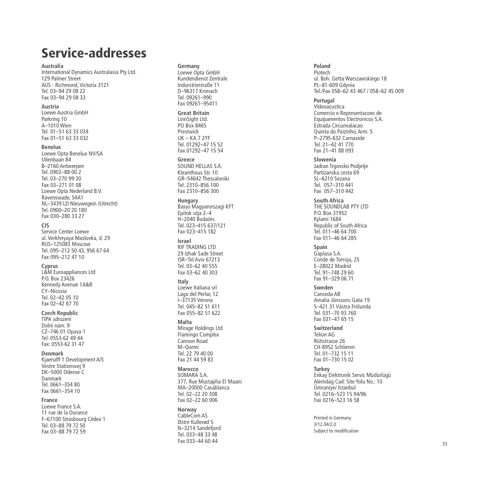 Service-addresses | Loewe A 26 User Manual | Page 33 / 34