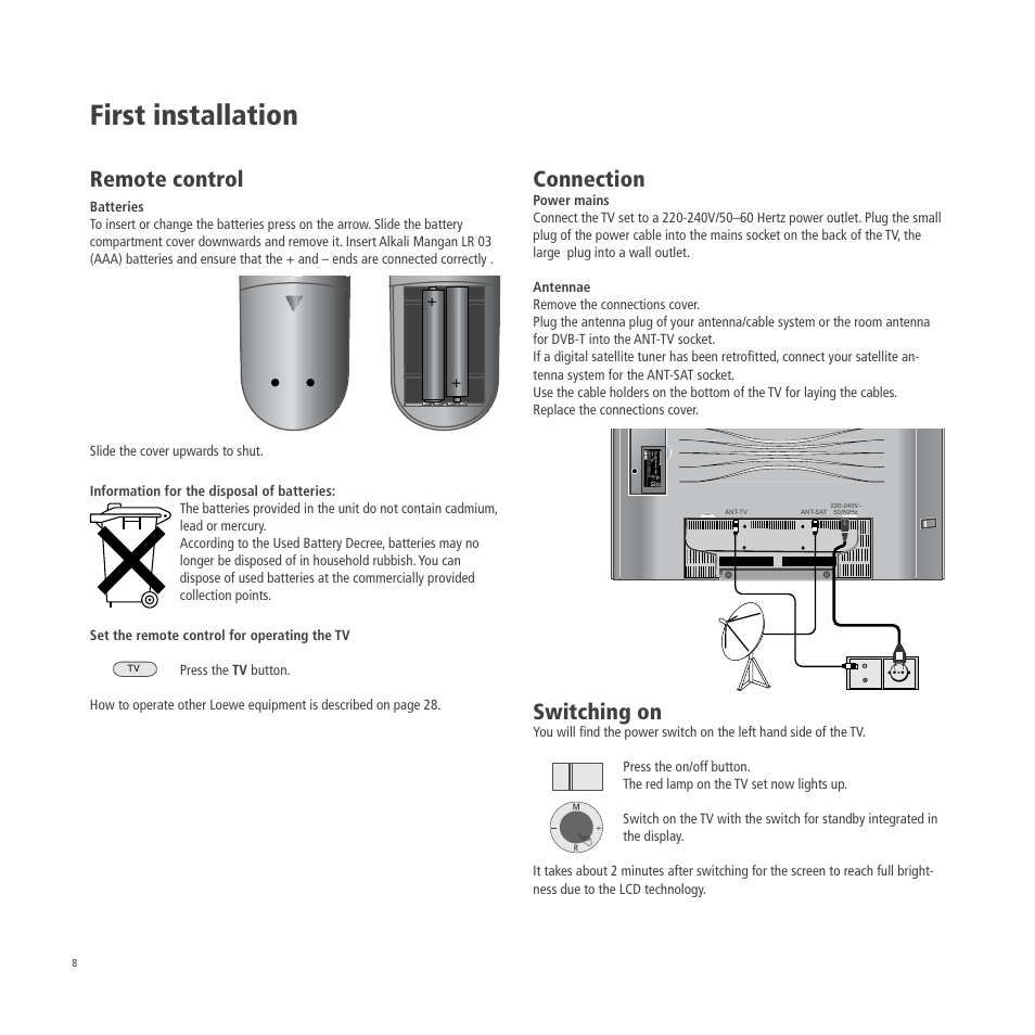 First installation, Remote control, Connection | Switching on | Loewe A 26 User Manual | Page 8 / 34