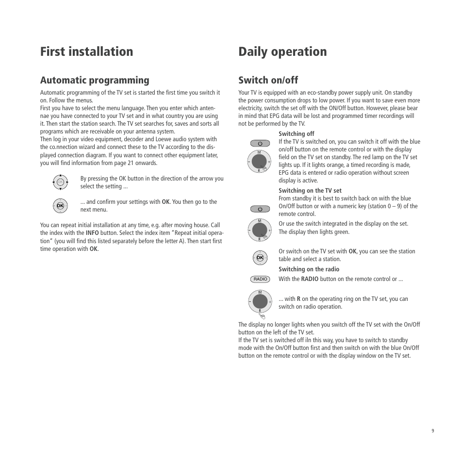 First installation, Daily operation, Automatic programming | Switch on/off | Loewe A 26 User Manual | Page 9 / 34