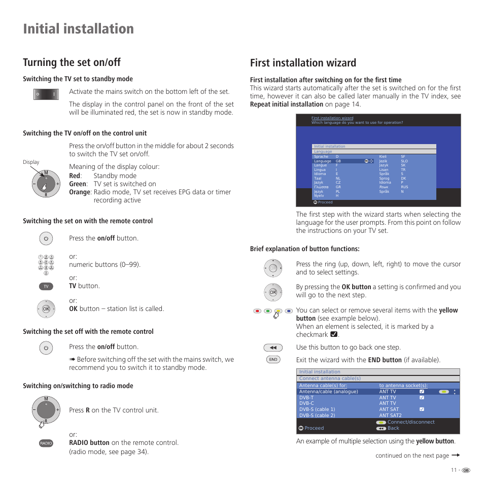 Initial installation, Turning the set on/off, First installation wizard | Loewe 46 User Manual | Page 11 / 60