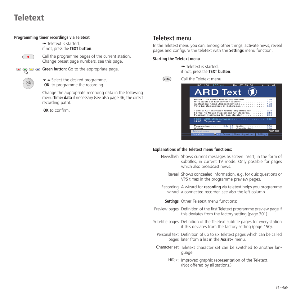 Teletext, Ard text, Teletext menu | Loewe 46 User Manual | Page 31 / 60