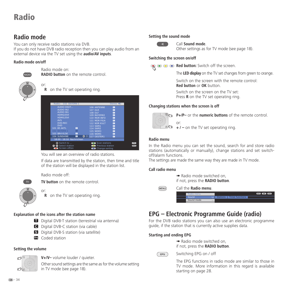 Radio, Radio mode, Epg – electronic programme guide (radio) | Loewe 46 User Manual | Page 34 / 60