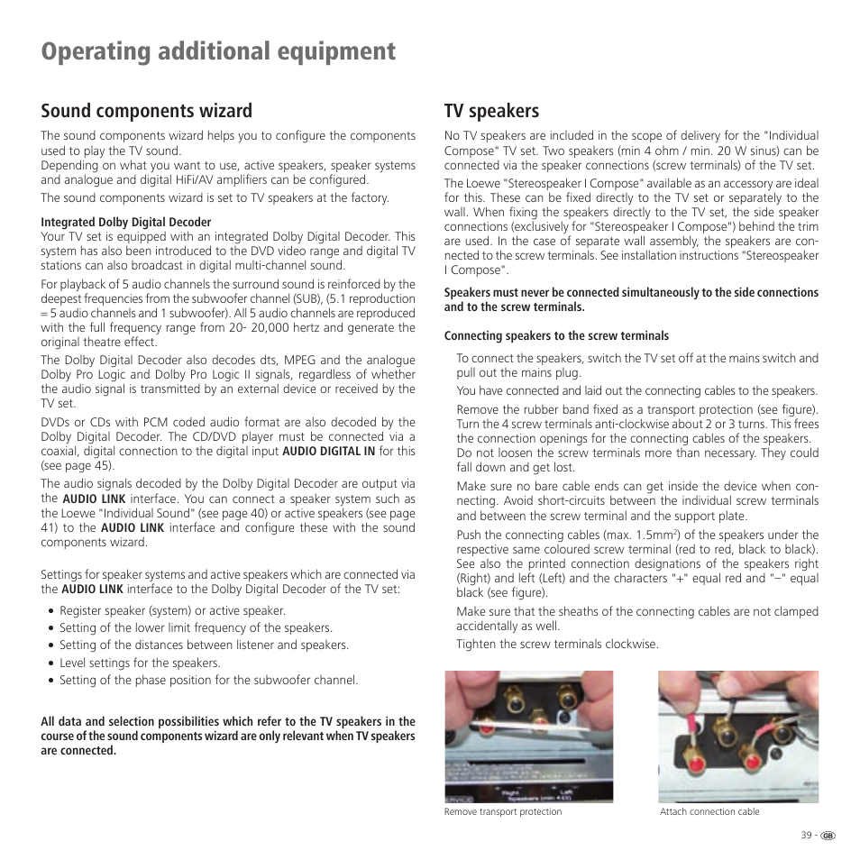 Operating additional equipment, Sound components wizard, Tv speakers | Loewe 46 User Manual | Page 39 / 60