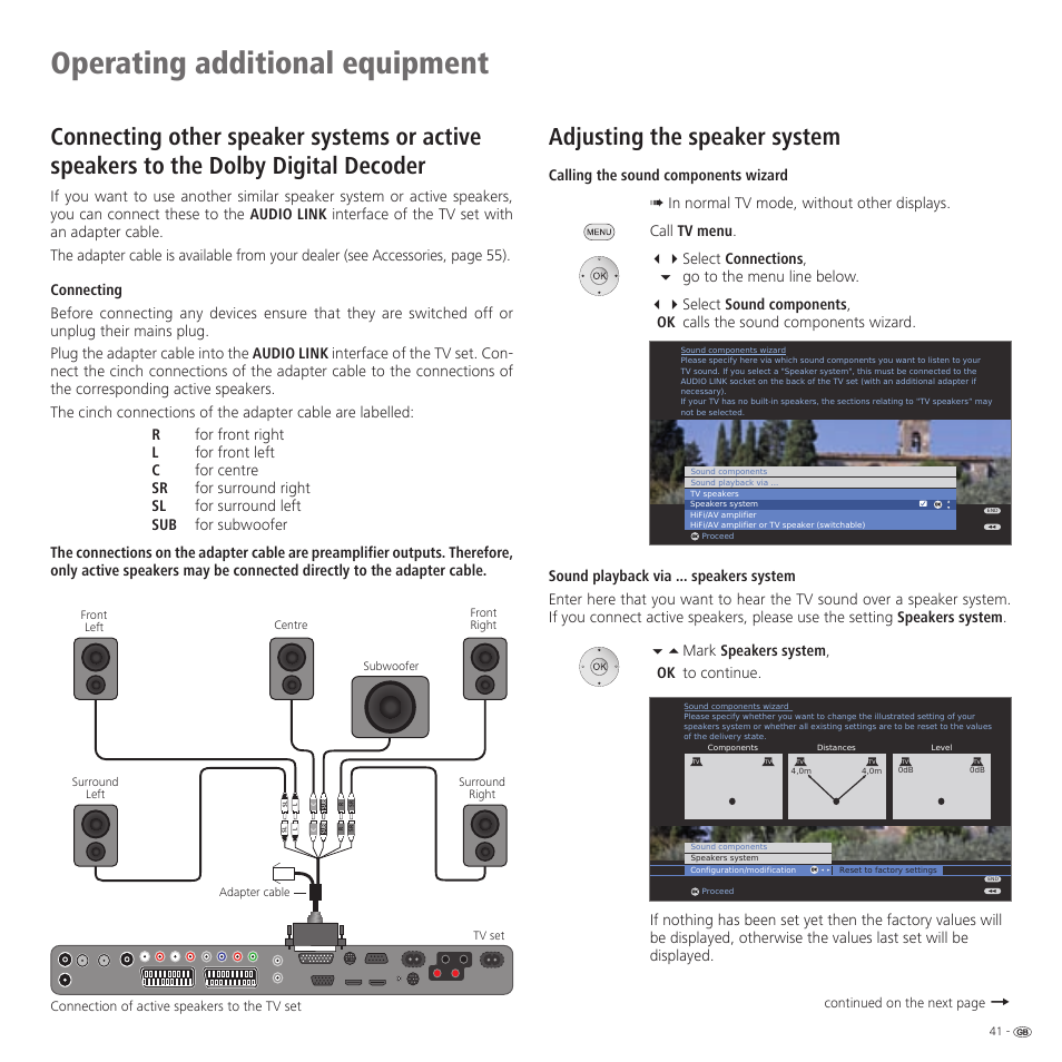 Operating additional equipment, Adjusting the speaker system | Loewe 46 User Manual | Page 41 / 60