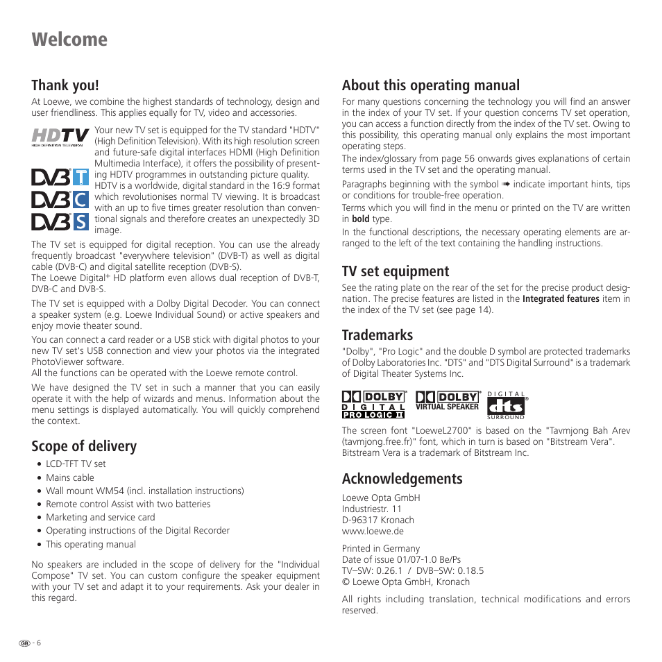 Welcome, Scope of delivery, About this operating manual | Tv set equipment, Trademarks, Acknowledgements | Loewe 46 User Manual | Page 6 / 60
