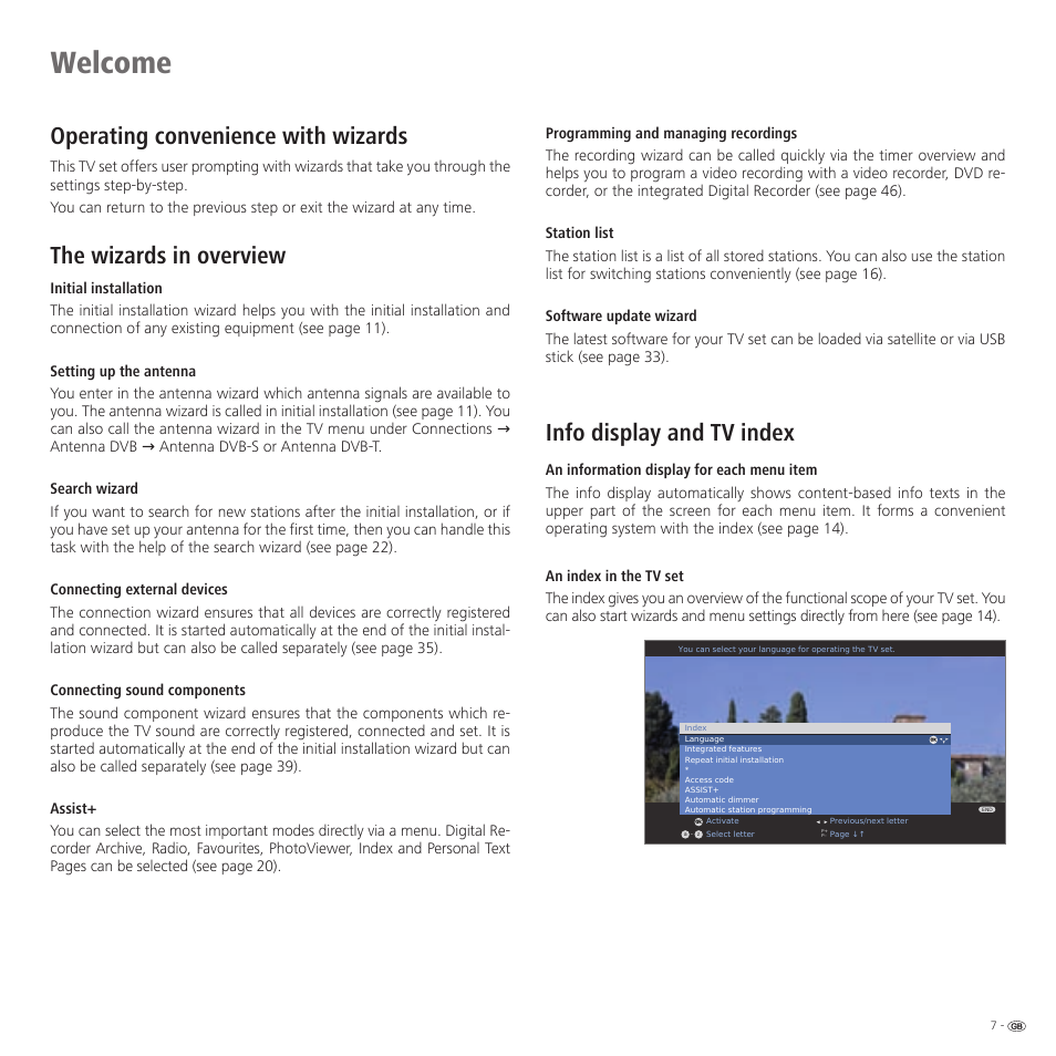 Welcome, Operating convenience with wizards, The wizards in overview | Info display and tv index | Loewe 46 User Manual | Page 7 / 60