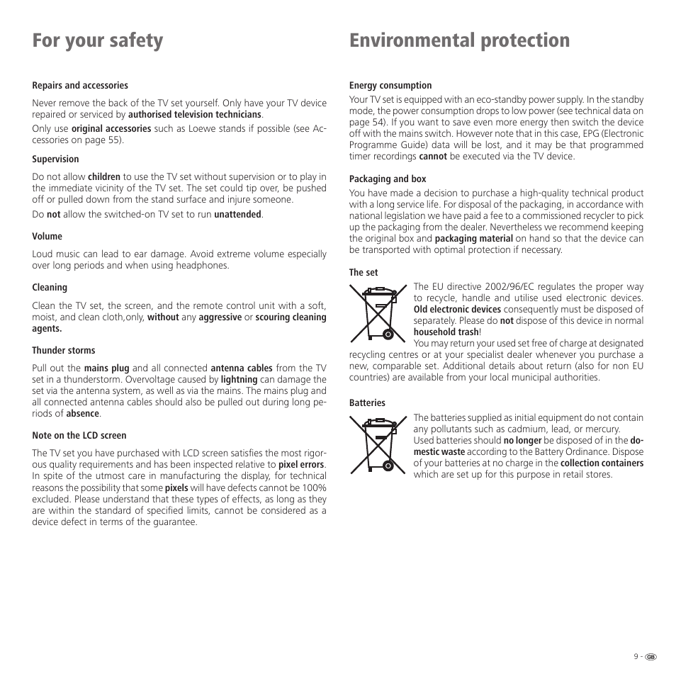For your safety, Environmental protection | Loewe 46 User Manual | Page 9 / 60