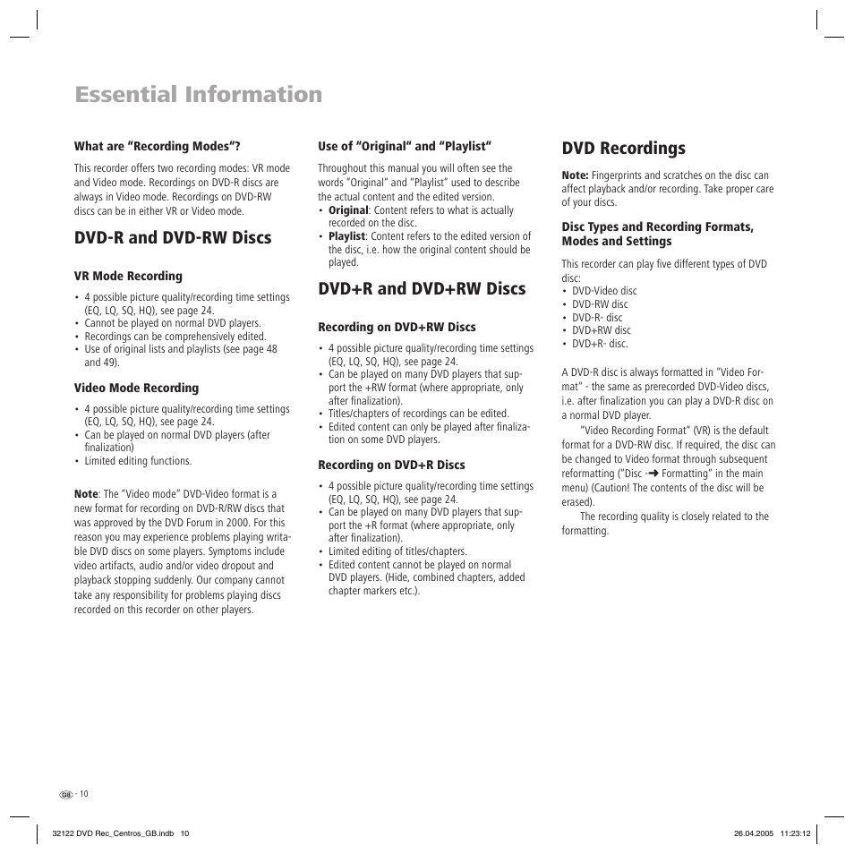 Essential information, Dvd-r and dvd-rw discs, Dvd+r and dvd+rw discs | Dvd recordings | Loewe Centros 1202 User Manual | Page 10 / 70