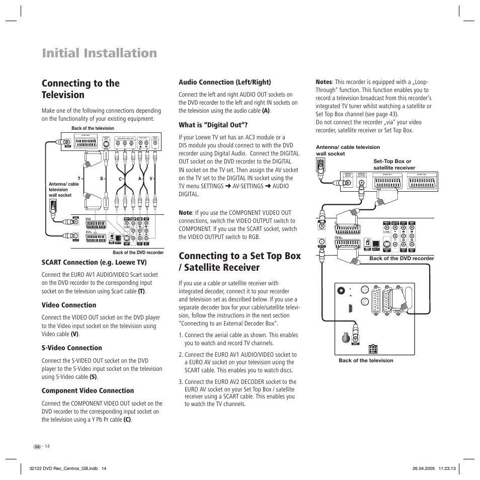 Initial installation, Connecting to the television, Connecting to a set top box / satellite receiver | Scart connection (e.g. loewe tv), Video connection, S-video connection, Component video connection, Audio connection (left/right), What is “digital out | Loewe Centros 1202 User Manual | Page 14 / 70