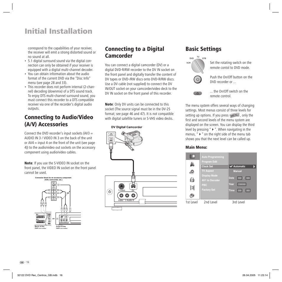 Initial installation, Connecting to audio/video (a/v) accessories, Connecting to a digital camcorder | Basic settings, S-video output, Main menu, 1st level 2nd level 3rd level | Loewe Centros 1202 User Manual | Page 16 / 70