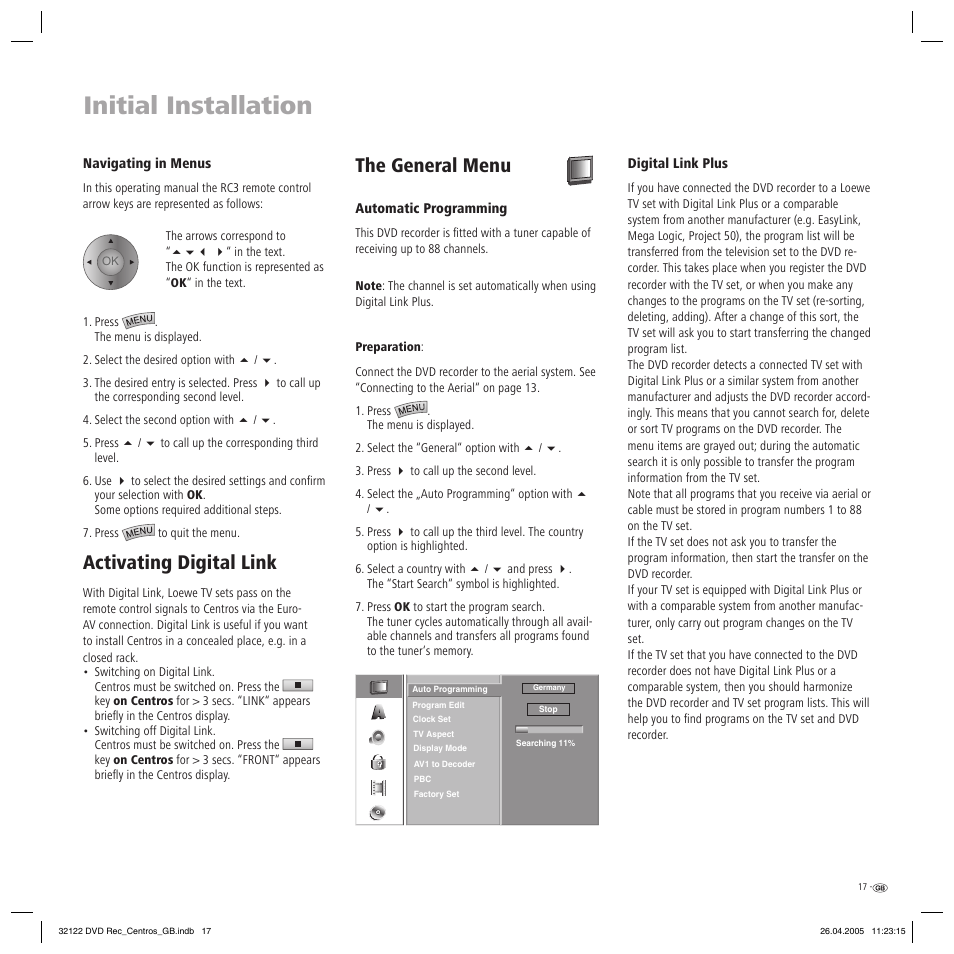 Initial installation, Activating digital link, The general menu | Loewe Centros 1202 User Manual | Page 17 / 70