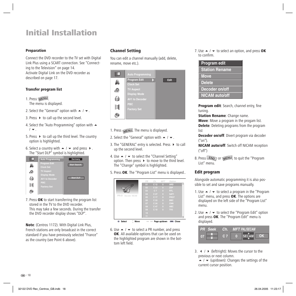 Initial installation, Channel setting, Edit program | Loewe Centros 1202 User Manual | Page 18 / 70