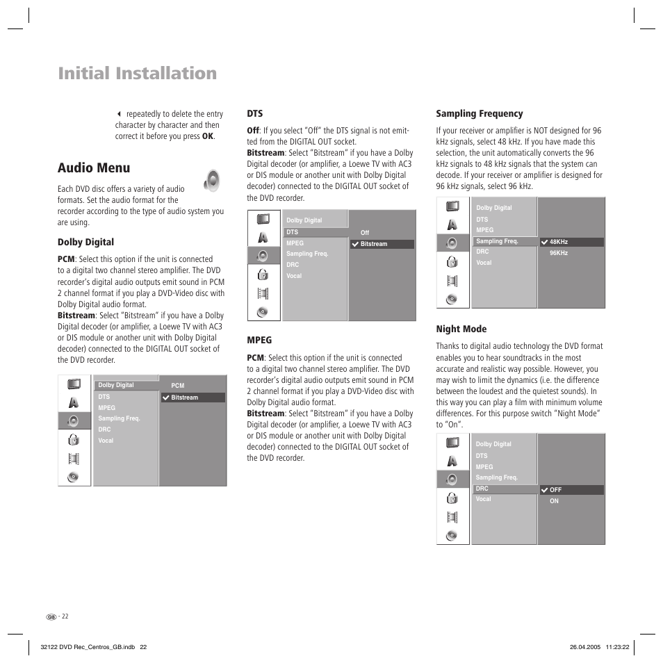 Initial installation, Audio menu | Loewe Centros 1202 User Manual | Page 22 / 70