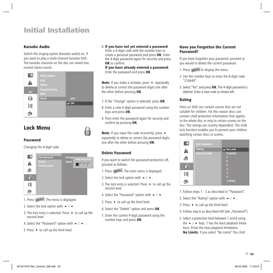 Initial installation, Lock menu | Loewe Centros 1202 User Manual | Page 23 / 70