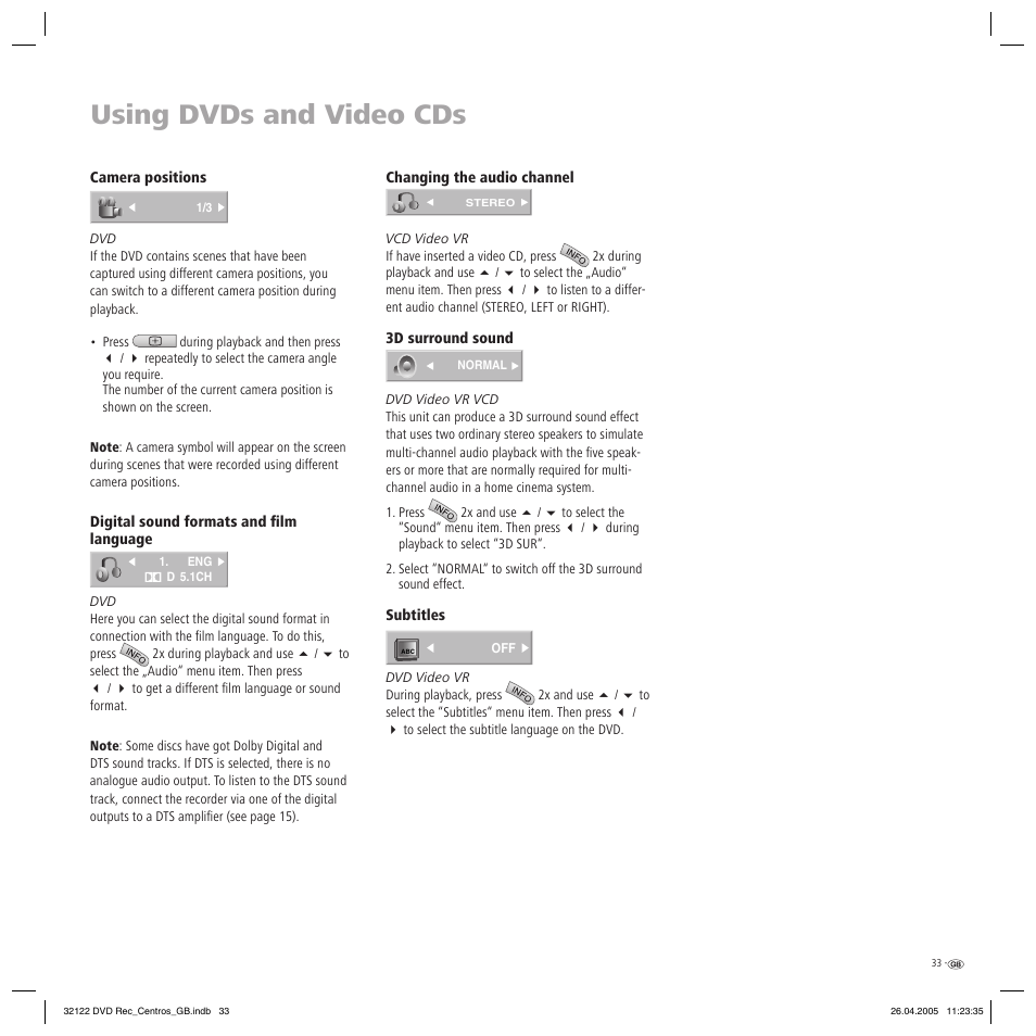 Using dvds and video cds | Loewe Centros 1202 User Manual | Page 33 / 70