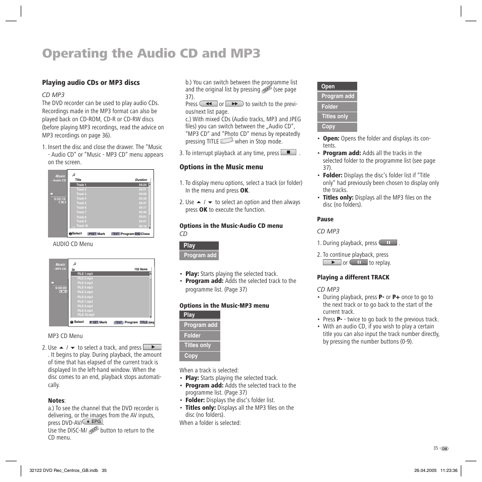 Operating the audio cd and mp3, Playing audio cds or mp3 discs, Options in the music menu | Loewe Centros 1202 User Manual | Page 35 / 70