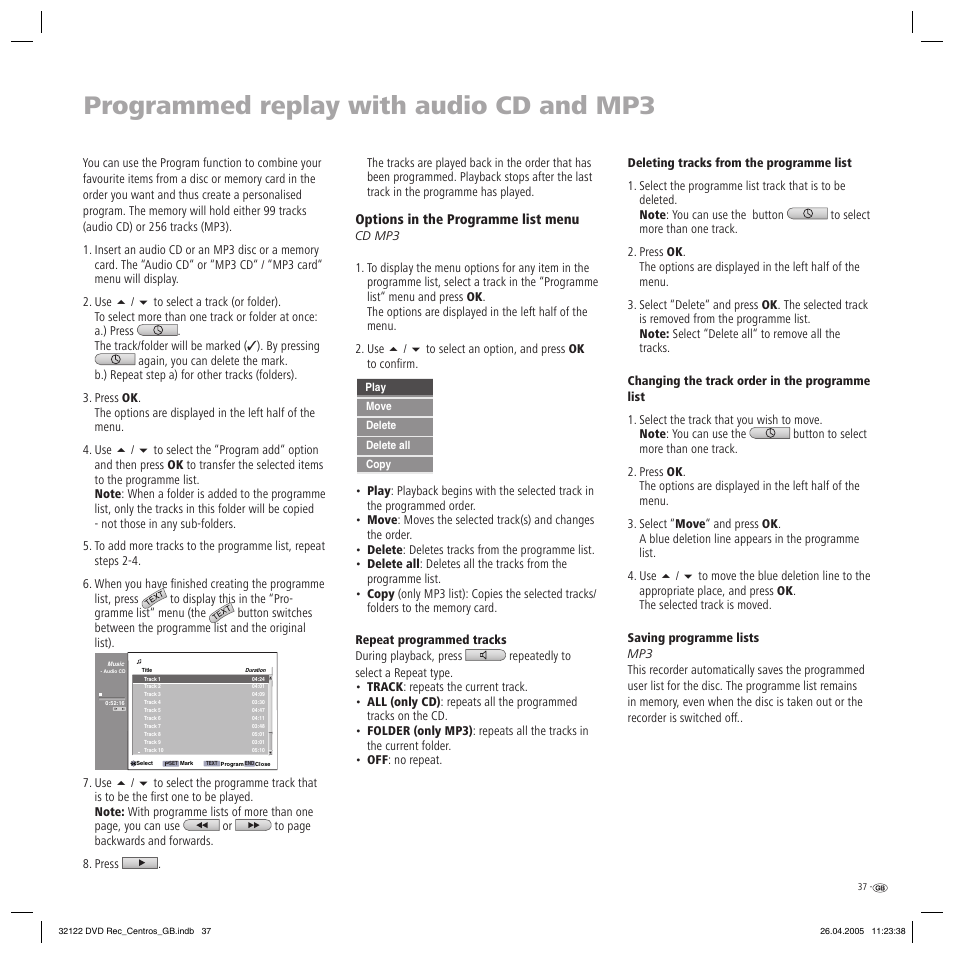 Programmed replay with audio cd and mp3 | Loewe Centros 1202 User Manual | Page 37 / 70