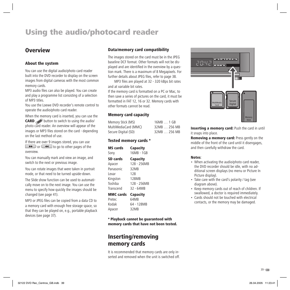 Using the audio/photocard reader, Overview | Loewe Centros 1202 User Manual | Page 39 / 70