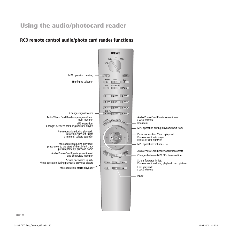 Using the audio/photocard reader | Loewe Centros 1202 User Manual | Page 40 / 70